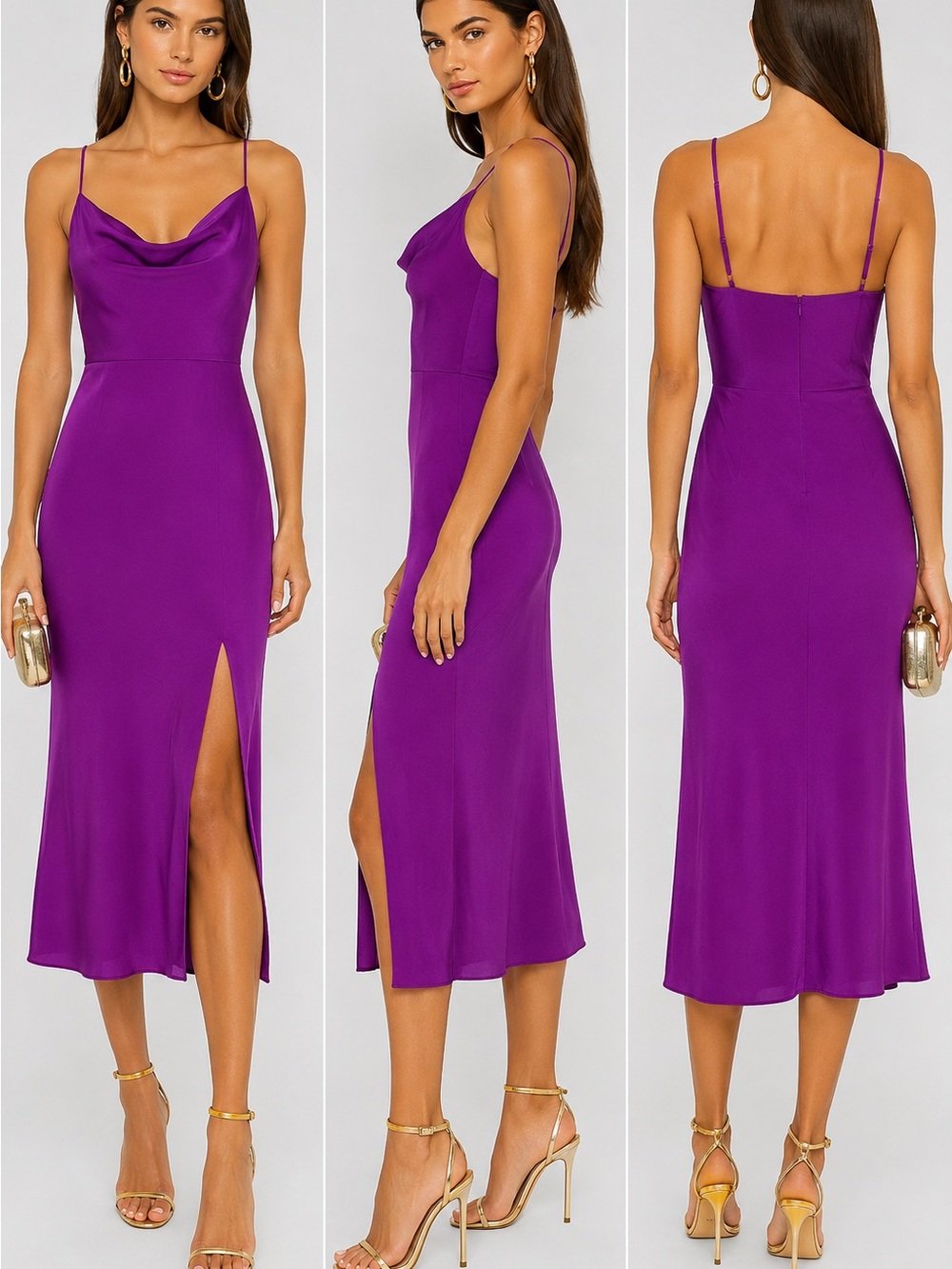 INTERMIX silk Violet Cowl-Neck Midi Dress with Side Slit